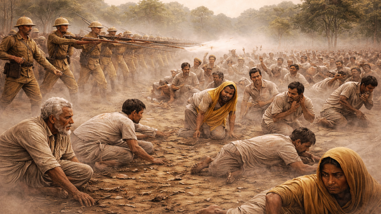 AI illustration of Patharughat Uprising 1894 British firing on Assamese peasants