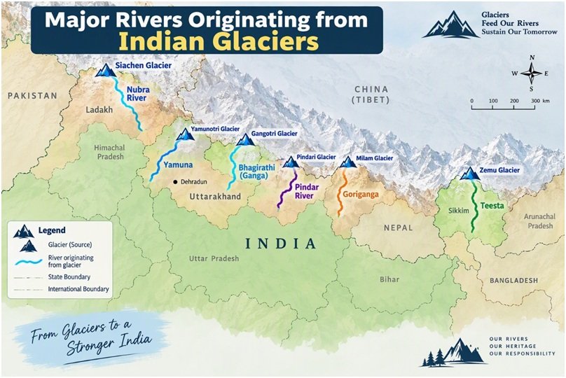 Major Rivers Originating from Indian Glaciers